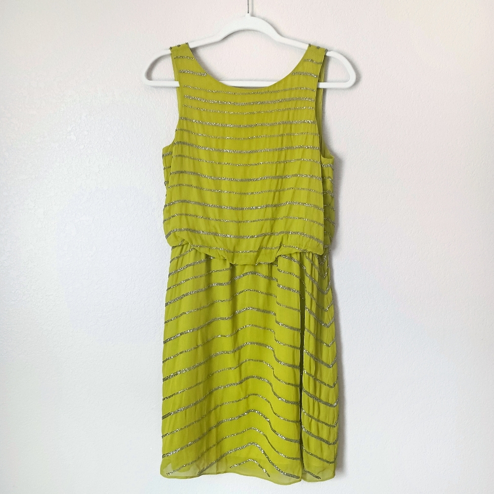 Gianni Bini Lime Green Blouson Sequin Beaded Midi Dress Retro Style 80's Small